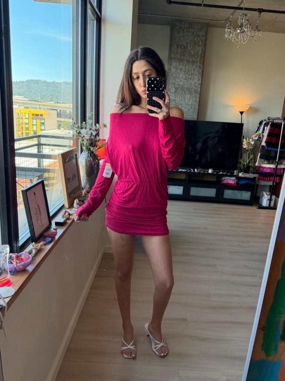 Off-Shoulder Fuchsia Mini Dress with Ruched Waist